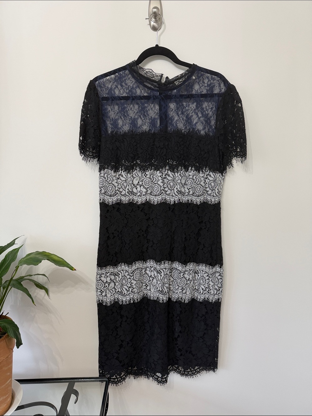 Everleigh Black White Lace Overlay Shift Dress With Contrast Bands Size Large